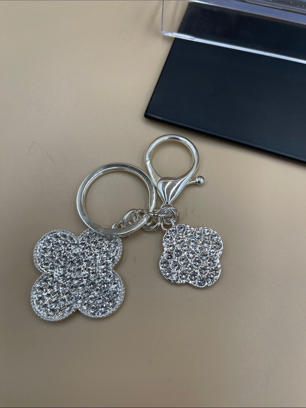 Silver Crystal Double Clover Keychain or bag Charm - Picture 2 of 3